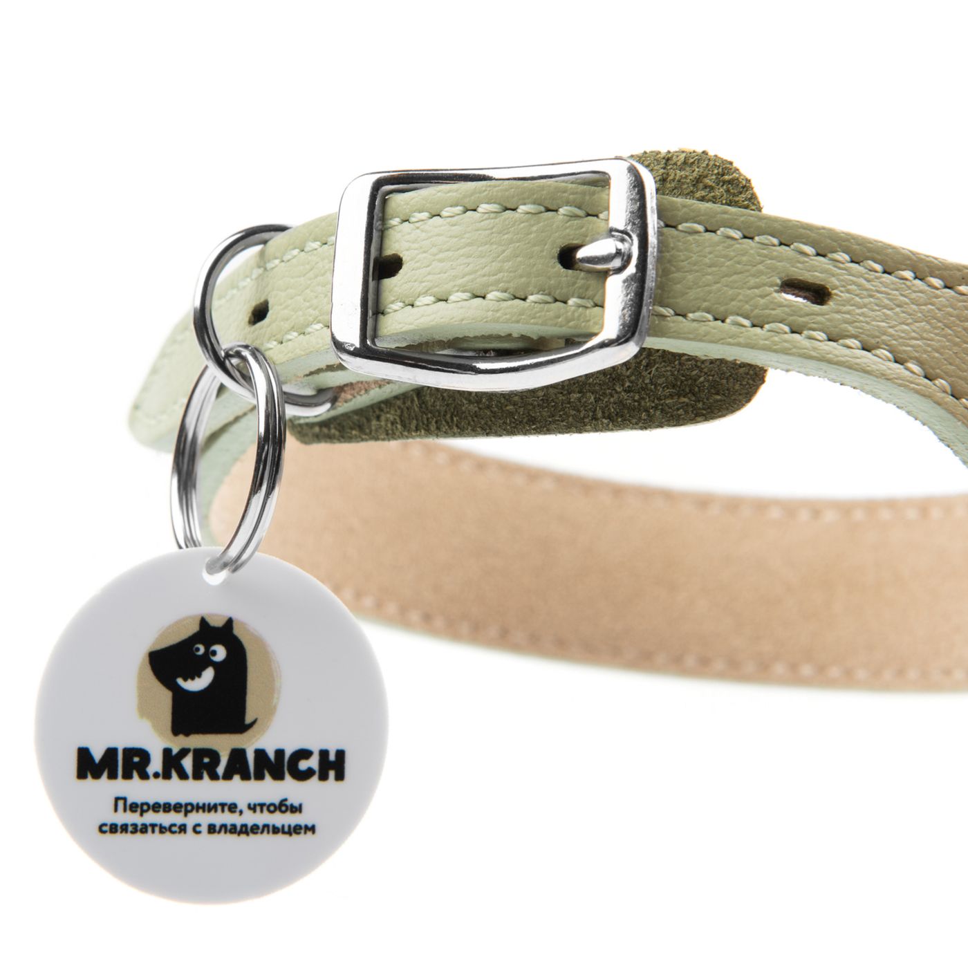 Ошейник Mr.Kranch для собак из натуральной кожи с QR-адресником 30-35см нежно-зеленый СКИДКА 50% — фото 3