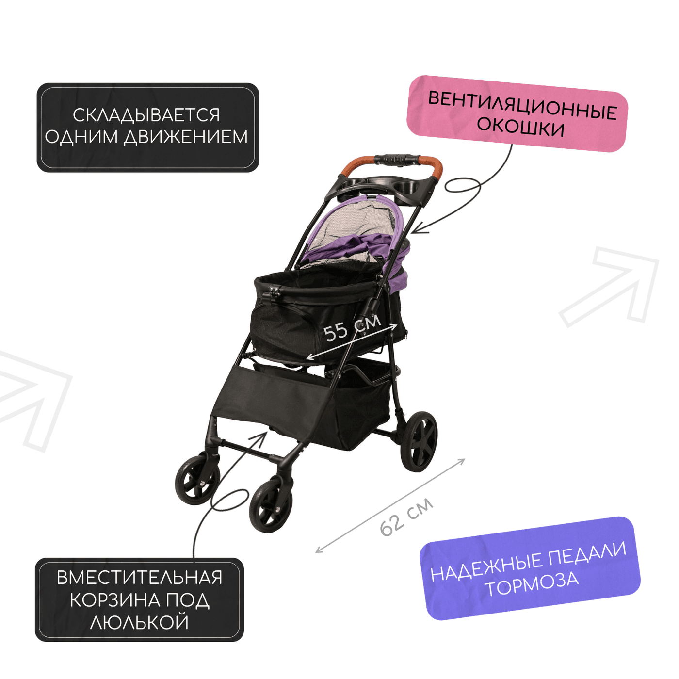 Коляска прогулочная Mr.Kranch для собак и кошек (макс. нагрузка 15 кг) фиолетовая — фото 7