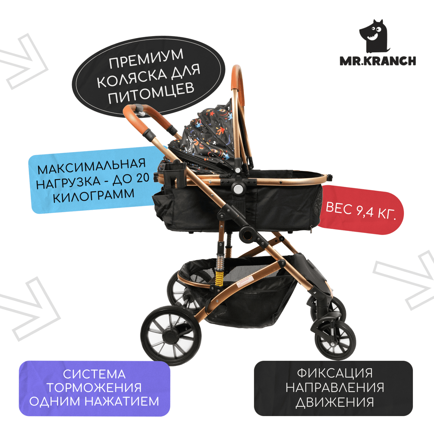 Коляска прогулочная Mr.Kranch для собак и кошек большая с амортизацией (макс. нагрузка 20 кг) разноцветная — фото 5