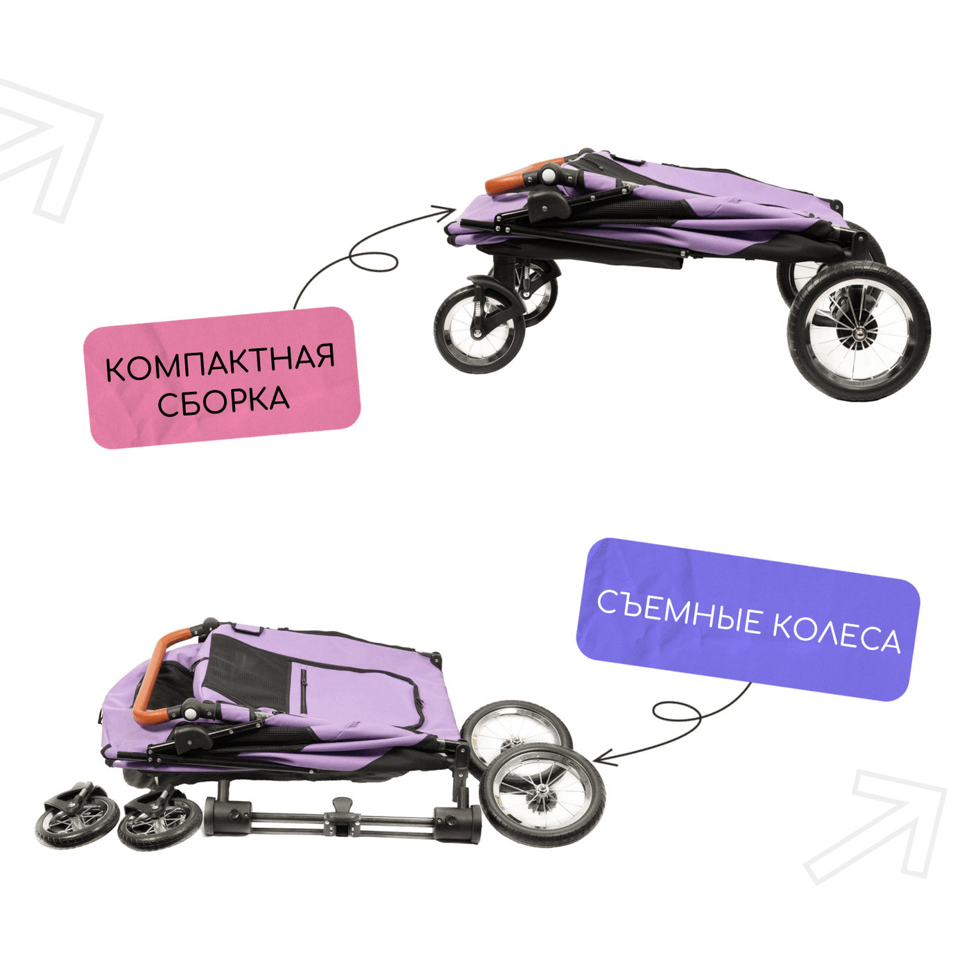 Коляска прогулочная Mr.Kranch для собак и кошек большая выставочная (макс. нагрузка 55 кг) фиолетовая — фото 11